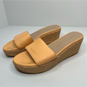 Stuart Weitzman Yellow Leather Espadrille Wedge Slide Sandals
